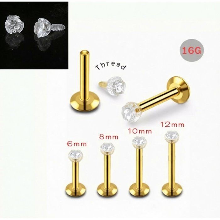KODY PIERCING Labret Or Anodisé Cristal Serti en Bioflex Tige 10mm