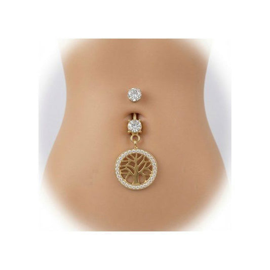 KODY PIERCING Bijou Piercing de Nombril Arbre de Vie Pendant Plaqué Or 18K Cristaux Blancs Tige 10 mm – Blanc – Élégance