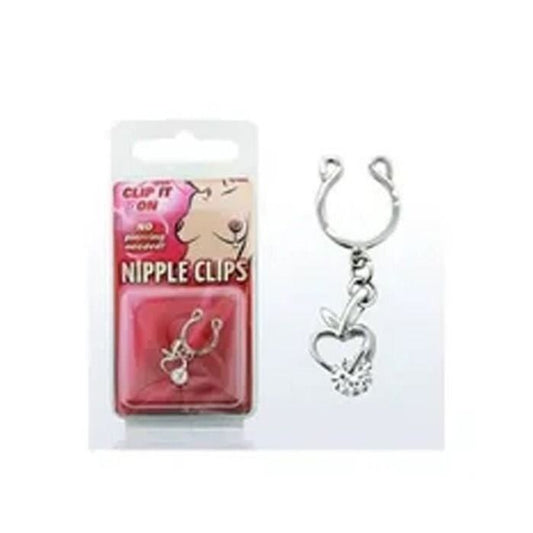 KODY PIERCING Piercing Téton Faux Bijou Clip Argenté Pendentif Coeur Pomme Avec Cristal Strass Sans Perçage