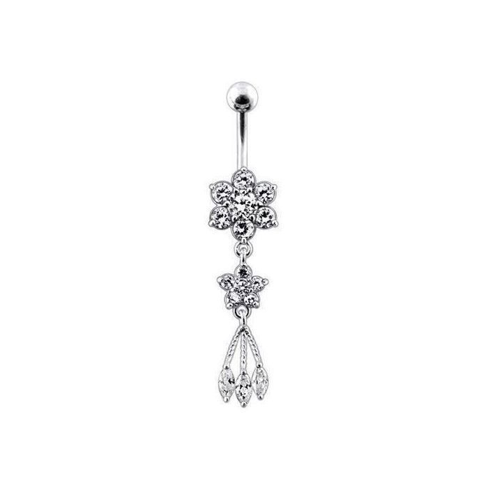 KODY PIERCING Piercing Nombril Banane Argent 925 Double Fleur Zircons Blancs Pampilles Cristallin 10mm