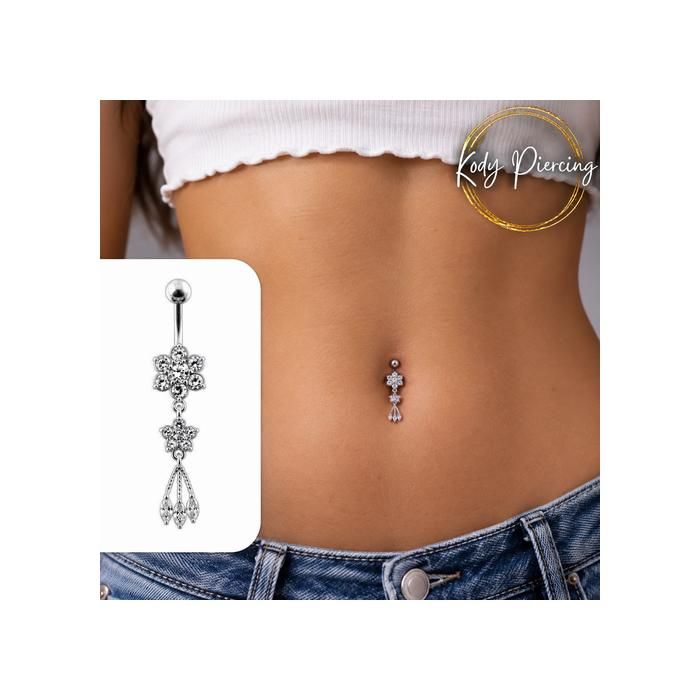 KODY PIERCING Piercing Nombril Banane Argent 925 Double Fleur Zircons Blancs Pampilles Cristallin 10mm