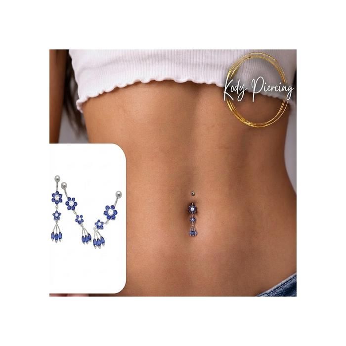 KODY PIERCING Piercing Nombril Banane Argent 925 Double Fleur Cristaux Bleu Gouttes Marquises Élégant