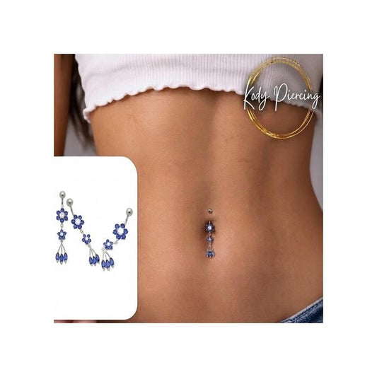 KODY PIERCING Piercing Nombril Banane Argent 925 Double Fleur Cristaux Bleu Gouttes Marquises Élégant