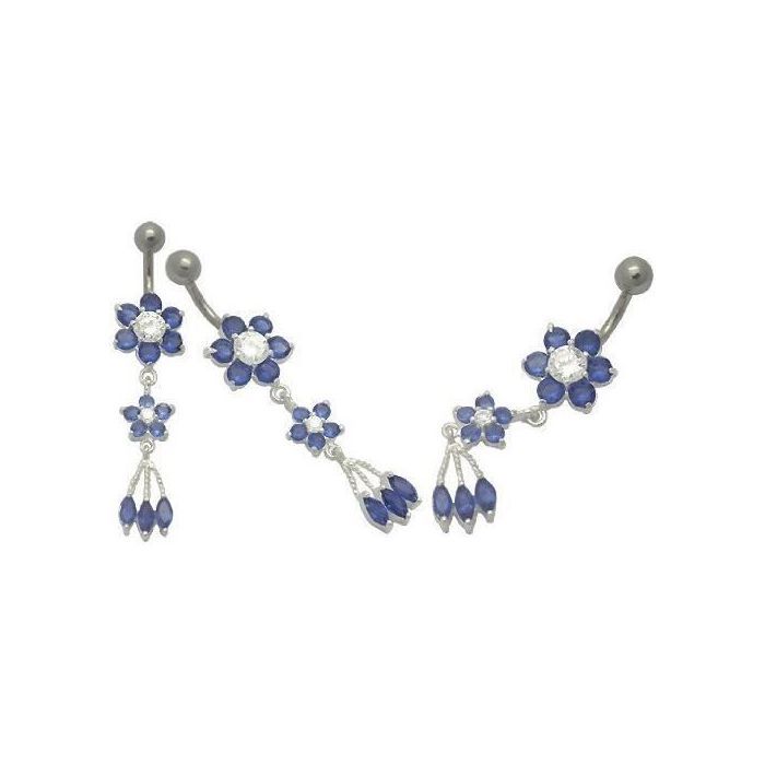 KODY PIERCING Piercing Nombril Banane Argent 925 Double Fleur Cristaux Bleu Gouttes Marquises Élégant