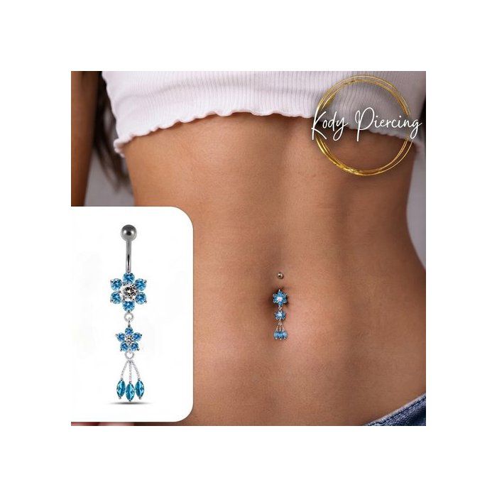 KODY PIERCING Piercing Nombril Banane Argent 925 Fleur Cristaux Bleu Turquoise Pendant Tige 10mm