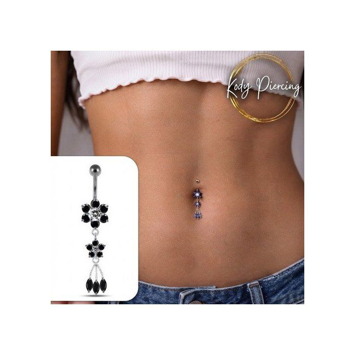 KODY PIERCING Bijou Piercing de Nombril Fleur Pendant Argent 925 Cristaux Noirs Cascade Tige 10 mm – Noir – Élégance Flo