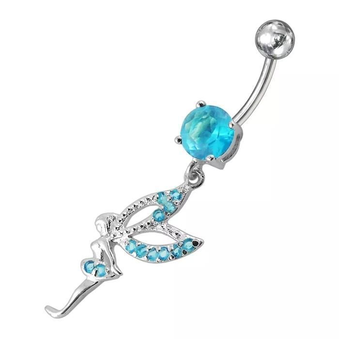 KODY PIERCING Piercing de Nombril Fée Pendante Argent 925 Cristaux Bleu Turquoise Tige 10 mm – Féerie Féminine et Éclat 