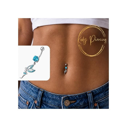 KODY PIERCING Piercing de Nombril Fée Pendante Argent 925 Cristaux Bleu Turquoise Tige 10 mm – Féerie Féminine et Éclat 