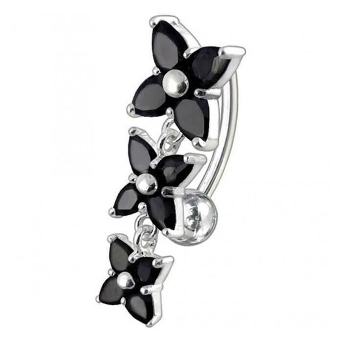 KODY PIERCING Piercing Nombril Inversé 3 Fleurs Pendantes Argent 925 Cristaux Noirs Tige 10mm - Élégant