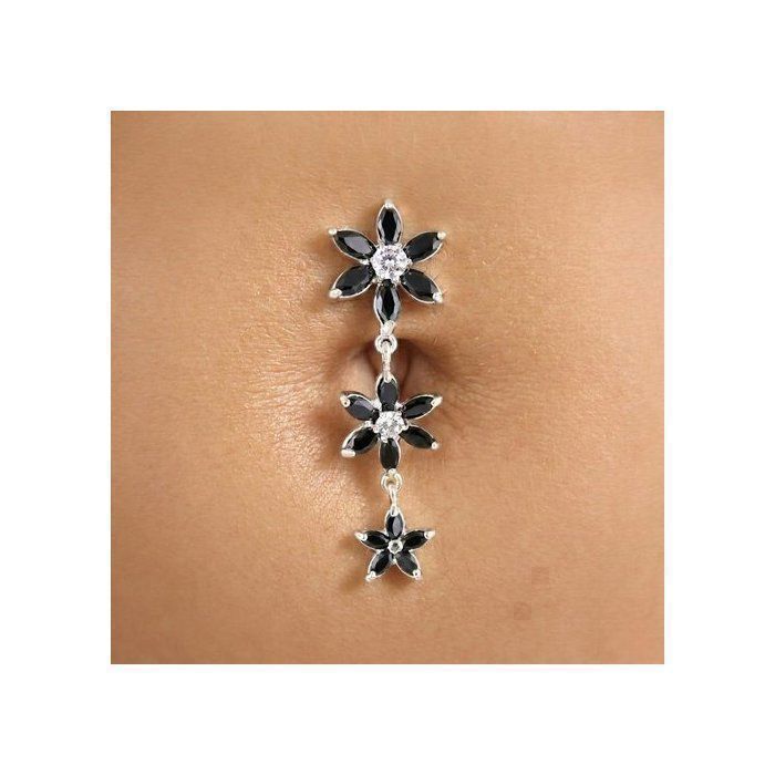 KODY PIERCING Piercing Nombril Inversé 3 Fleurs Pendantes Argent 925 Cristaux Noirs Tige 10mm - Élégant