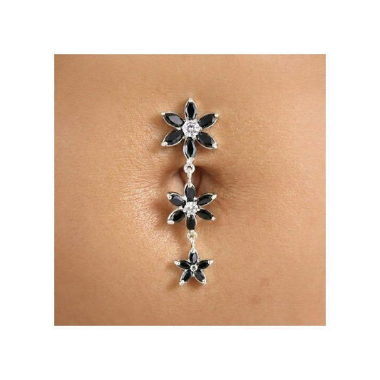 KODY PIERCING Piercing Nombril Inversé 3 Fleurs Pendantes Argent 925 Cristaux Noirs Tige 10mm - Élégant
