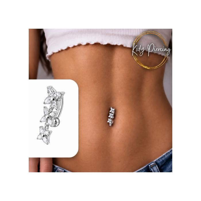 KODY PIERCING Piercing Nombril Inversé 3 Fleurs Argent 925 Cristaux Blancs Sertis – Trio Floral Précieux