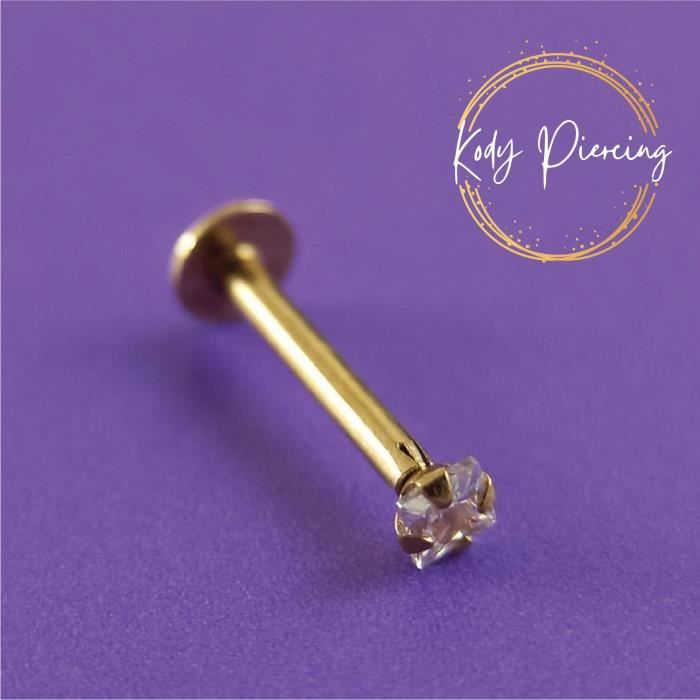KODY PIERCING Labret Or Jaune Creux 9 Carats et Zircon CZ carré 2mm serti