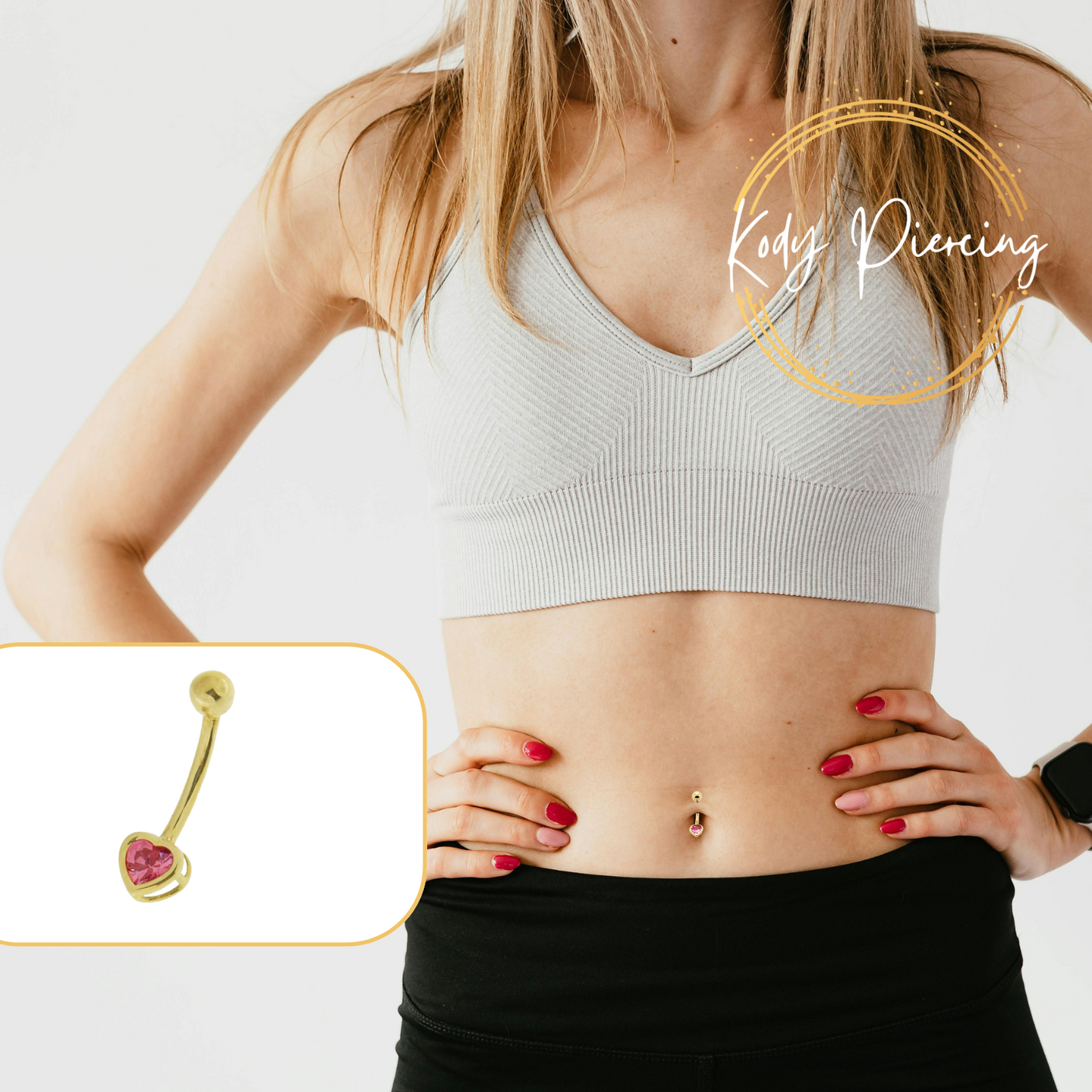 KODY PIERCING Nombril en Or Massif 14 carats Avec Un Cœur en Zircon Cubique Rose CZ