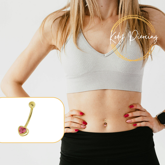 KODY PIERCING Nombril en Or Massif 14 carats Avec Un Cœur en Zircon Cubique Rose CZ