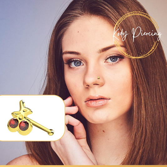 KODY PIERCING Stud en Or 14 Carats et Motif Deux Cerises avec Zircon Rouge Pacha