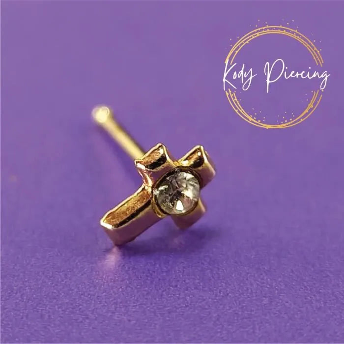 KODY PIERCING Stud Or 9 Carats Motif Croix 4 mm et Zircon rond