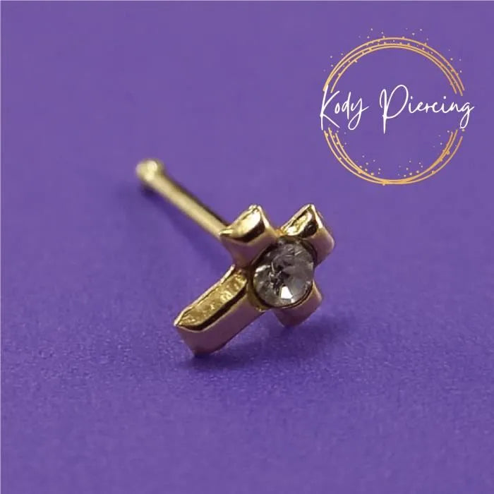 KODY PIERCING Stud Or 9 Carats Motif Croix 4 mm et Zircon rond