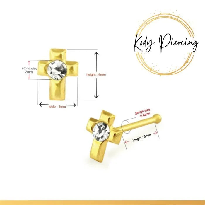 KODY PIERCING Stud Or 9 Carats Motif Croix 4 mm et Zircon rond