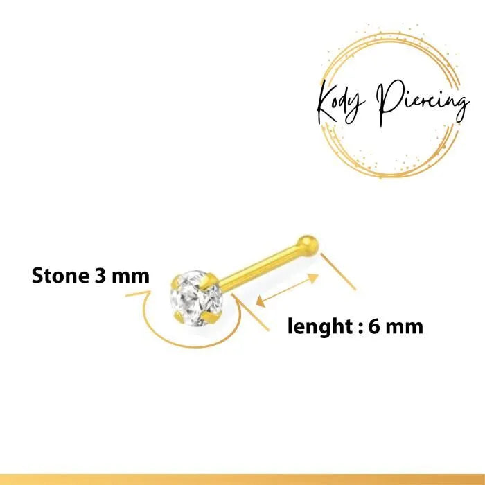 KODY PIERCING Stud Or 9 Carats et Zircon Rond serti de 3mm ou 2mm - Choisissez la taille préférée!