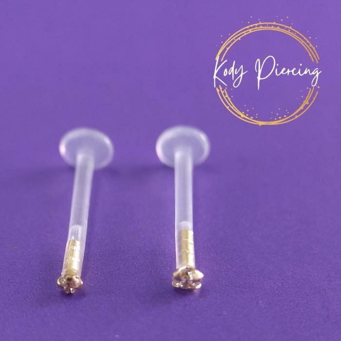 KODY PIERCING Labret Bioflex et tête en OR 14 carats Orné d'un Zircon - Choisissez la taille préférée!!