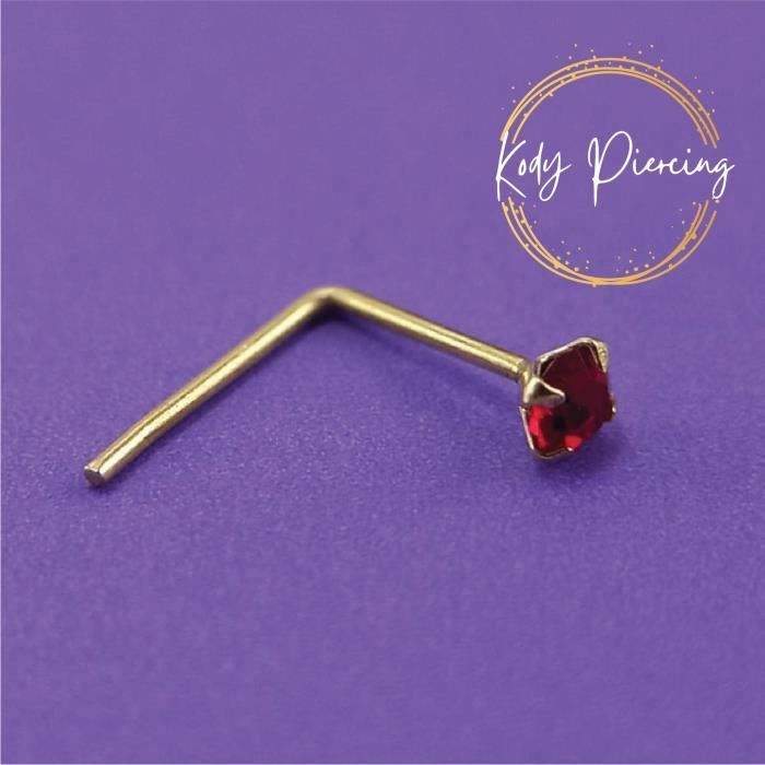 KODY PIERCING Tige en L OR 9 carats Orné d'un Authentique Cristal de 2mm serti Rouge ou Irisé - Choisissez votre couleur préférée!