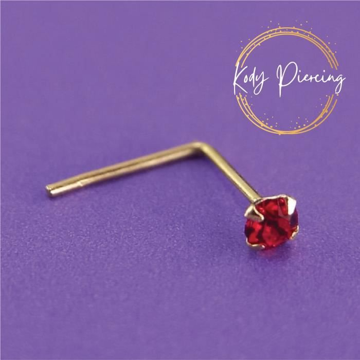 KODY PIERCING Tige en L OR 9 carats Orné d'un Authentique Cristal de 2mm serti Rouge ou Irisé - Choisissez votre couleur préférée!