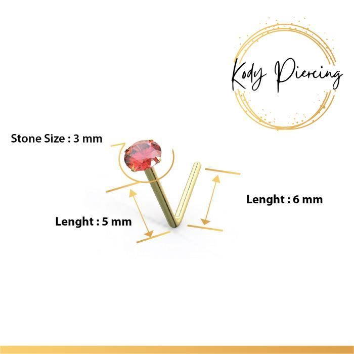 KODY PIERCING Tige en L OR 9 carats Orné d'un Authentique Cristal de 2mm serti Rouge ou Irisé - Choisissez votre couleur préférée!