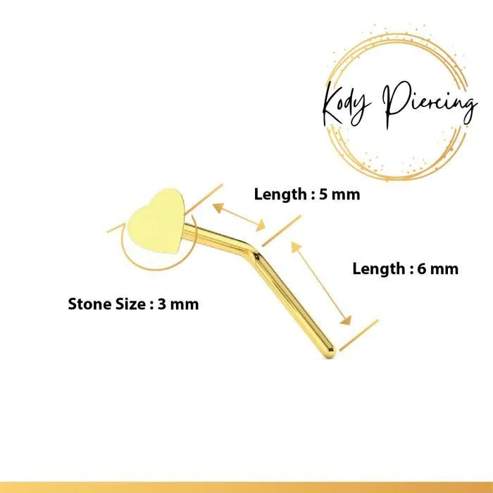 KODY PIERCING Tige en L en Or 9 Carats et Motif Cœur de 3mm