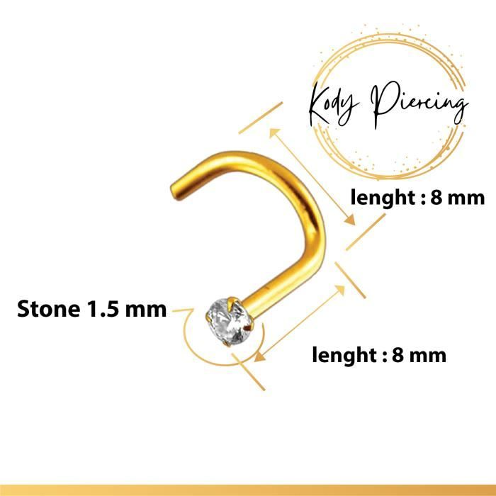 KODY PIERCING Tige Courbée OR 18 carats et Zircon CZ de 1,5 mm serti serti