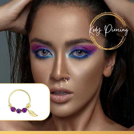 KODY PIERCING Anneau Or 9 carats orné de 3 Opales Violettes et sa Feuille d'Or