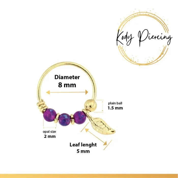KODY PIERCING Anneau Or 9 carats orné de 3 Opales Violettes et sa Feuille d'Or
