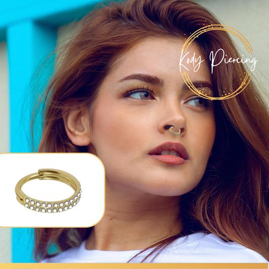 KODY PIERCING Anneau Clicker en Or Jaune 14 Carats et Double Rangée de Cristal Blanc