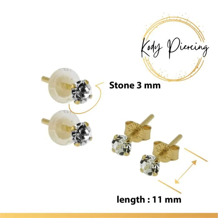 KODY PIERCING Boucles d'oreille Or 9 Carats de 3mm serti - Choisissez la couleur préférée!