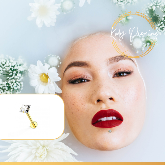 KODY PIERCING Labret Or Jaune Creux 9 Carats et Zircon CZ carré 2mm serti
