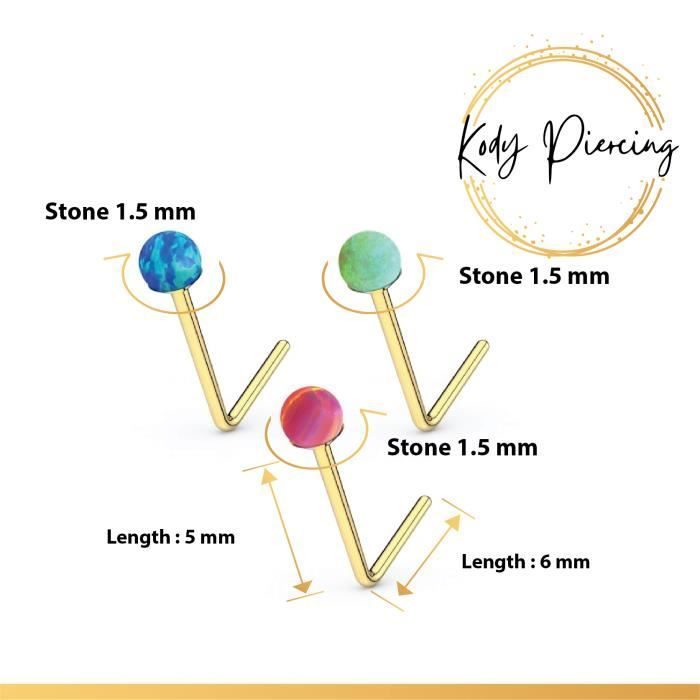 KODY PIERCING Coffret De 3 Pièces Tige L Or 9 Carats et Opale bleue, verte, Fushia de 1,5mm