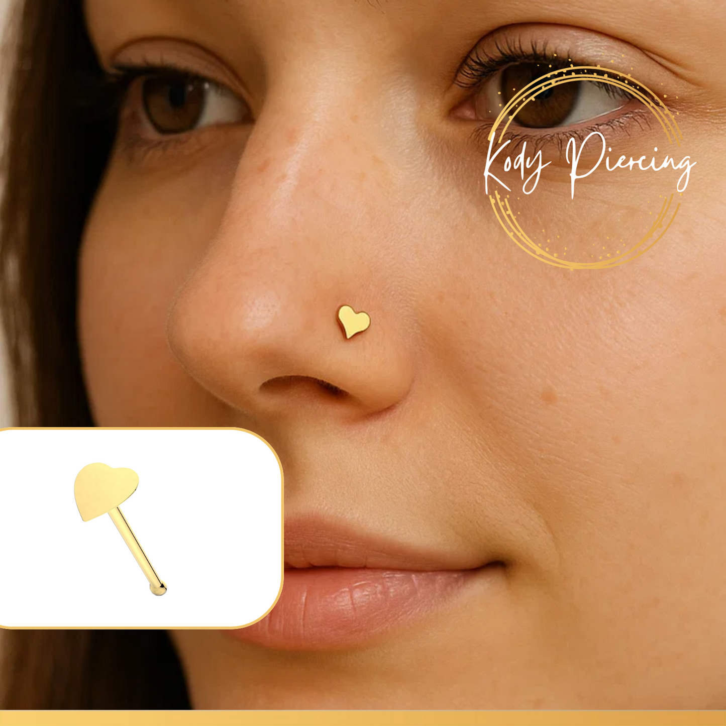 KODY PIERCING Stud en Or 9 Carats et Motif Cœur de 3mm