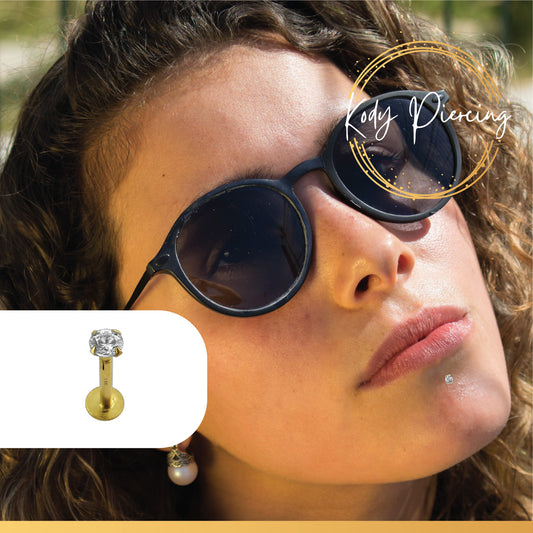 KODY PIERCING Labret En Or Jaune creux 14 carats Orné d'une Pierre Précieuse Sertie Zircon CZ Rond de 3mm