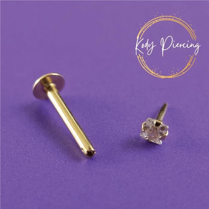 KODY PIERCING Labret Or Jaune Creux 9 Carats et Zircon CZ carré 2mm serti