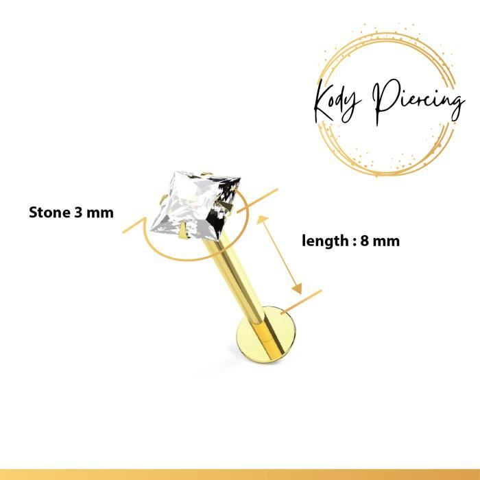 KODY PIERCING Labret Or Jaune Creux 9 Carats et Zircon CZ carré 2mm serti