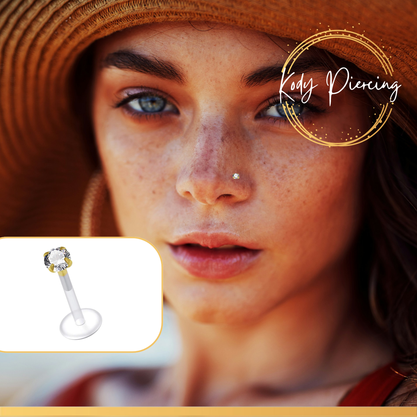 KODY PIERCING Labret Bioflex et tête en OR 14 carats Orné d'un Zircon - Choisissez la taille préférée!!