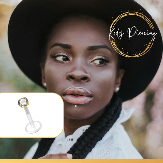 KODY PIERCING Labret Bioflex et tête en OR 14 carats Orné d'un Zircon - Choisissez la taille préférée!!