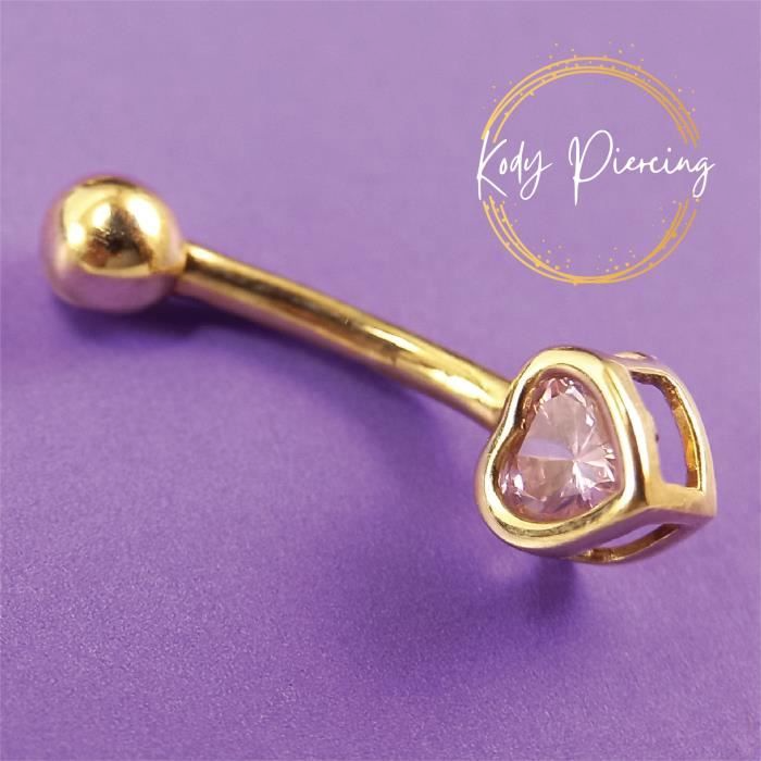 KODY PIERCING Nombril en Or Massif 14 carats Avec Un Cœur en Zircon Cubique Rose CZ