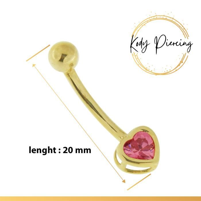 KODY PIERCING Nombril en Or Massif 14 carats Avec Un Cœur en Zircon Cubique Rose CZ