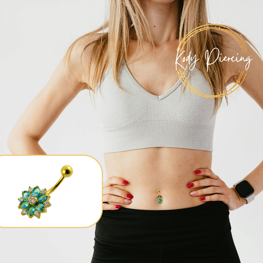 KODY PIERCING Nombril Fleur Zirconium Turquoise Plaqué Or 18 carats