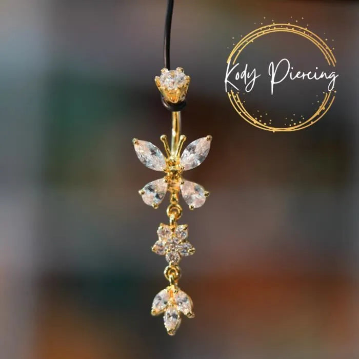 KODY PIERCING Nombril Papillon avec Pendant Plaqué Or 14 carats fermeture Cristal 10mm