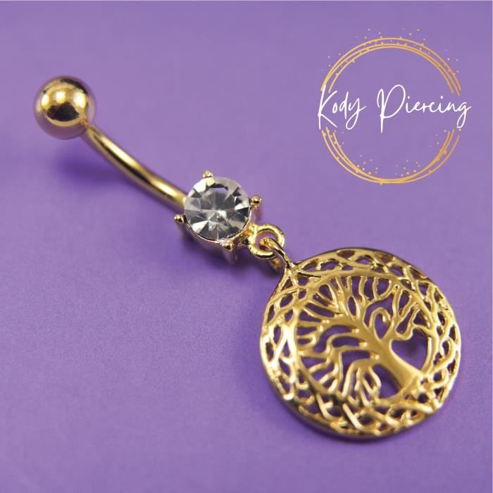 KODY PIERCING Nombril Arbre de Vie Plaqué Or Jaune 14 carats avec Diamant Clair