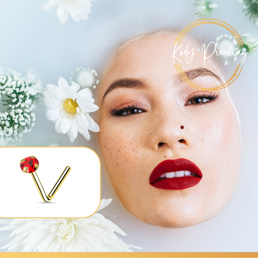KODY PIERCING Tige en L OR 9 carats Orné d'un Authentique Cristal de 2mm serti Rouge ou Irisé - Choisissez votre couleur préférée!
