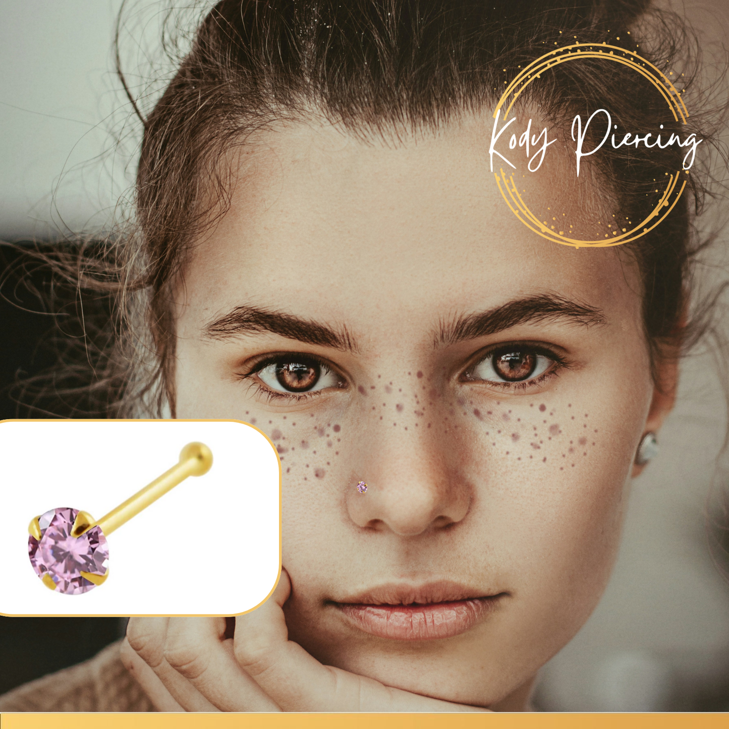 KODY PIERCING Stud Or 9 ou 14 Carats et Zircon Rose serti - Choisissez les carats d'or!