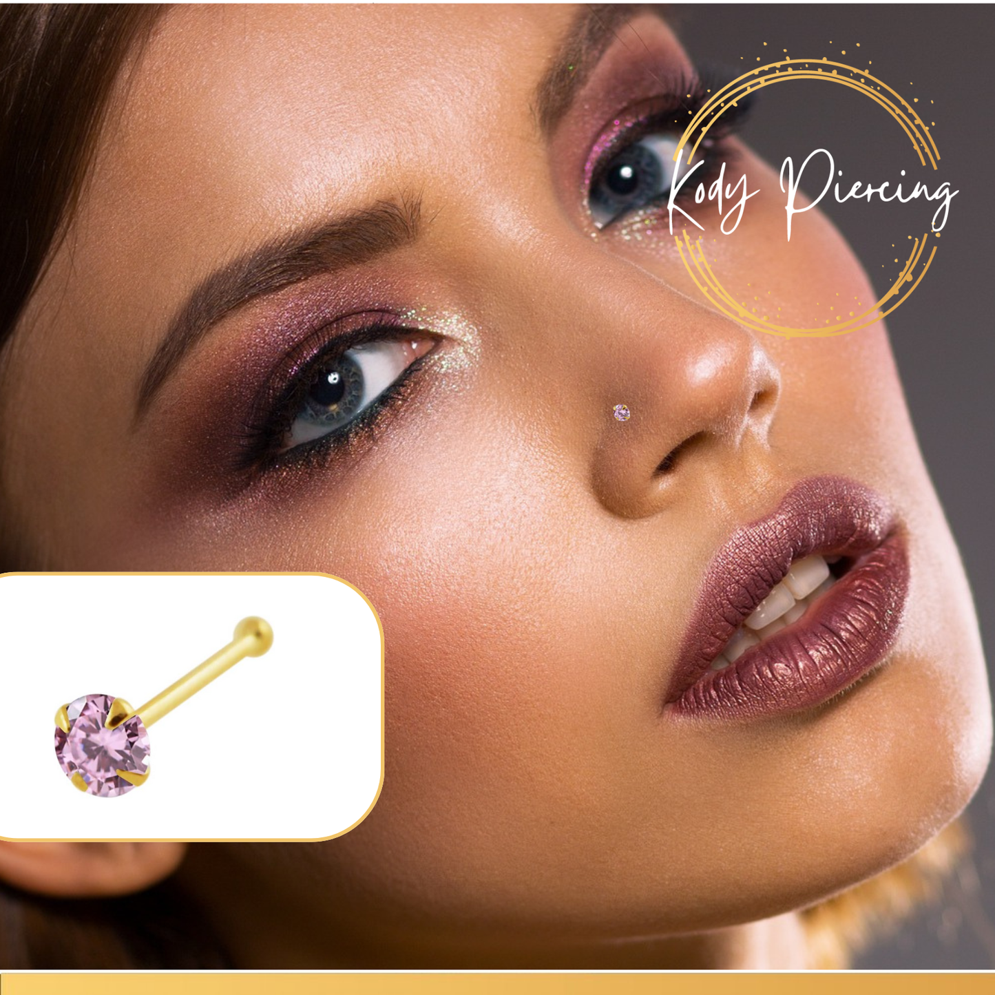 KODY PIERCING Stud Or 9 ou 14 Carats et Zircon Rose serti - Choisissez les carats d'or!